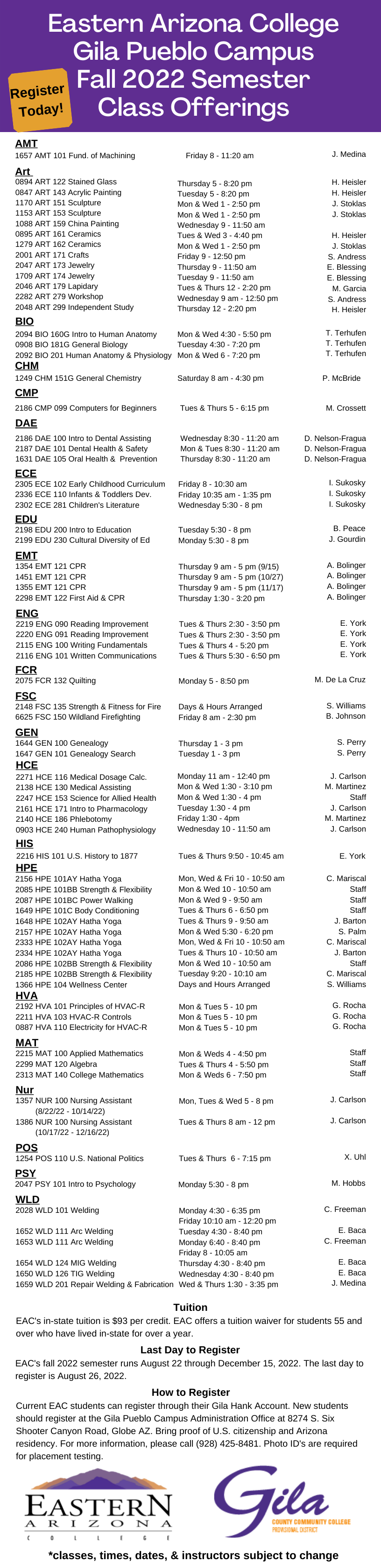 Gila Pueblo Campus Class Schedule